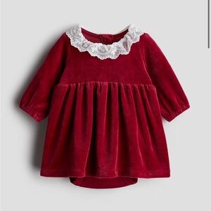 H&M Red Velour Dress with White Lace Trim 6M